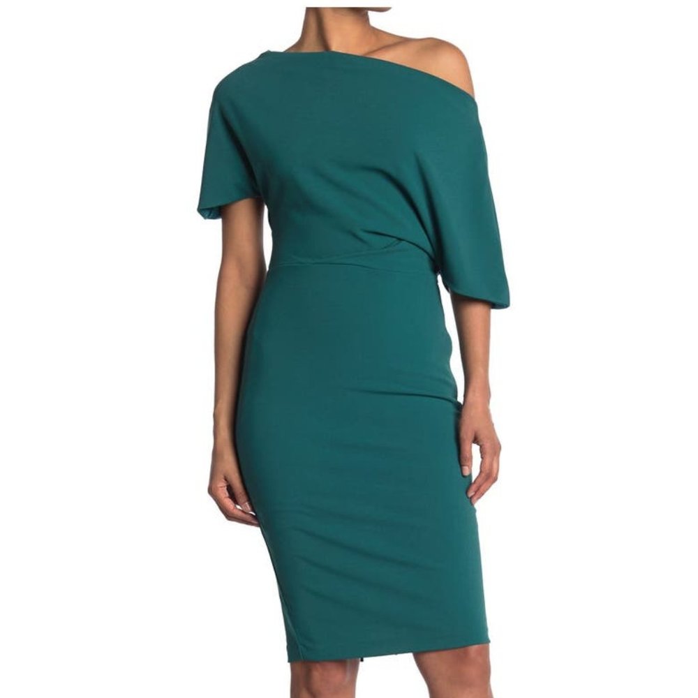 ALEXIA ADMOR Olivia Draped Off-the-Shoulder Sheath CREPE Dress,SZ L,NEW,teal